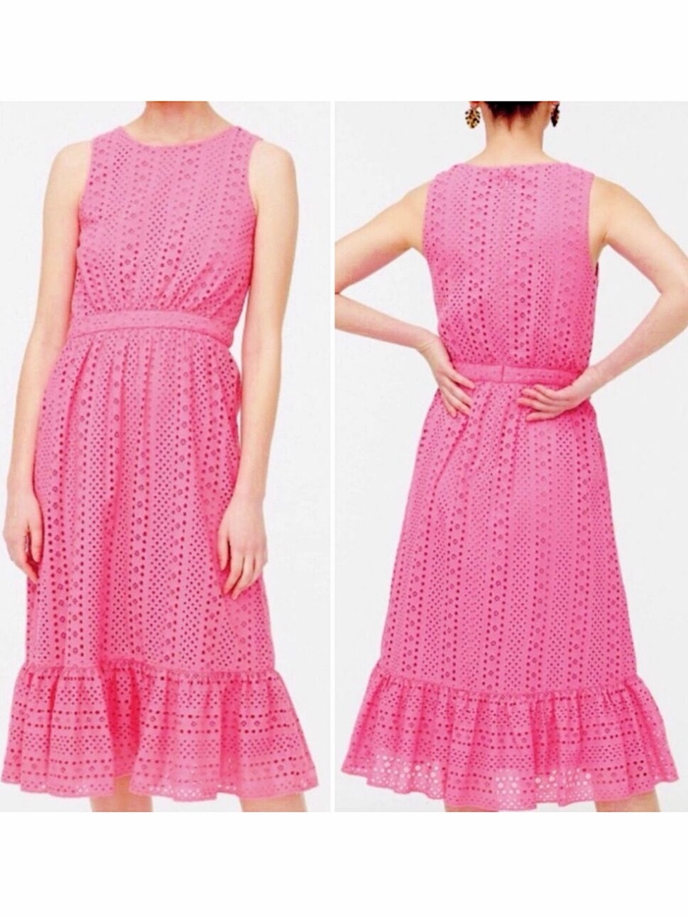 J. Crew Pink Brilliant Azalea Eyelet Embroidered Tiered Midi Dress